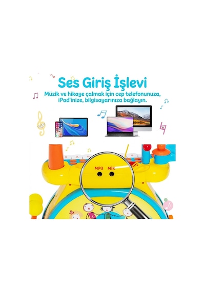 Işıklı Piyanolu Bateri Seti - Mikrofonlu, Tabureli Ve Mp3 Bağlantılı Çocuk Müzik Eğitim Seti
