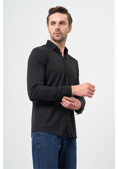 İmza Siyah Uzun Kol Düz Örme Smart Düğmeli Yaka Classic Slim Fit Gömlek 1004245160 Siyah