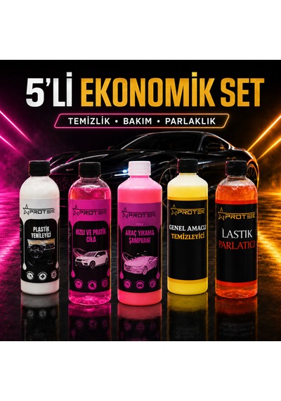 5 Li Ekonomik Araç Bakım Ve Temizlik Seti Şampuan, Hızlı Cila, Plastik Yenileyici, Genel Temizleyici Ve Lastik Parlatıcı