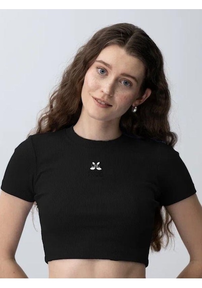 Zekids Kız Çocuk Fitilli Yarım Kollu Crop T-shirt-15799 Siyah