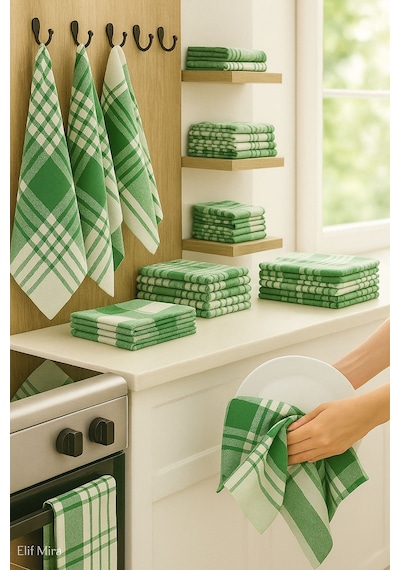 10 Lu Lüks Mutfak Kurulama Bezi Seti 45x65 Cm Table Linen Yeşil