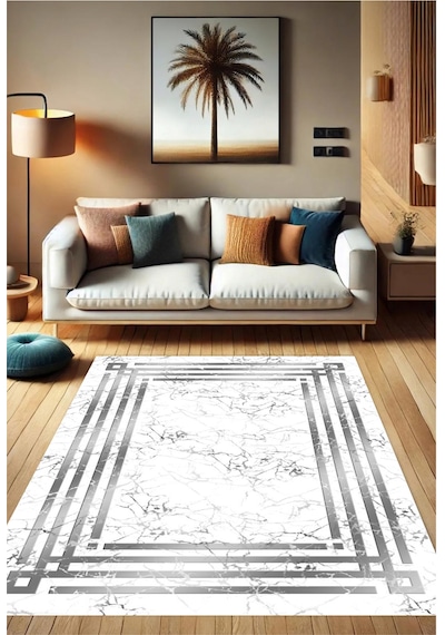 STY Home Beyaz Gri Dijital Baskı Salon Halısı Kaymaz Tabanlı Yıkanabilir Halı Yolluk 537 Beyaz