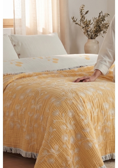 Soleil Bloom 5 Kat Dolgulu Müslin Çift Kişilik Yatak Örtüsü Pike Koltuk Örtüsü %100 Pamuk Çiçek Desenli 220x240 Cm Sarı