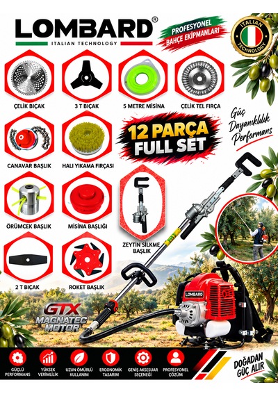 Cros Lombard Veltoro-12x 12 Parça Özel Set Sırt Tipi Zeytin Silkeme Hasat Toplama Gtx Seri Tırpan Motoru