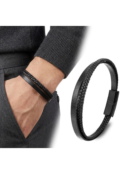 Moncuk Design Siyah Deri Ve Saç Örgü İkili Çelik Erkek Bileklik 33513b12d1