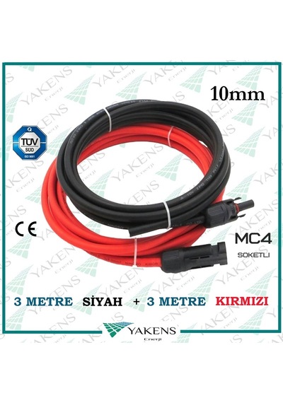 Mc4 Soketli 3m+3m 6 Metre 10mm Güneş Paneli Hazır Solar Kablo Siyah Kırmızı