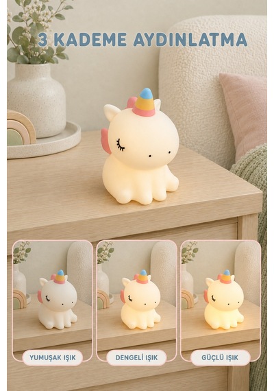 Unipo - Unicorn Figürlü Şarjlı Silikon Gece Lambası 3 Kademe Dokunmatik Usb-c Çok Renkli Çok Renkli