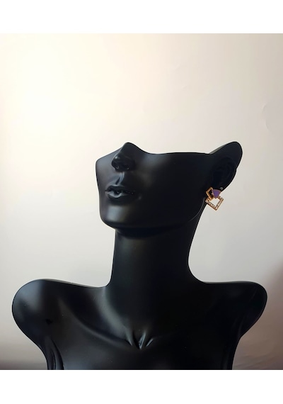Altın Kaplama Gold Neon Mineli Mor Kare Zirkon Taşlı Minimalist K Altın