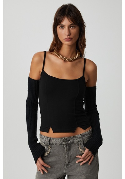 Ethıquet Mıkela Kadın Viskon Askılı Yırtmaçlı Vücüdu Saran Crop Siyah Body