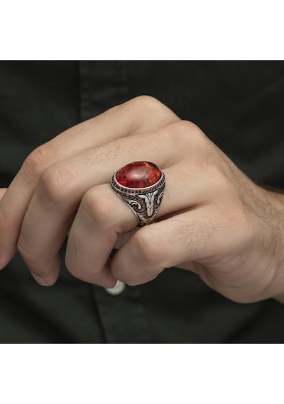 Oval Sentetik Kehribar Taşlı 925 Gümüş Erkek Yüzük