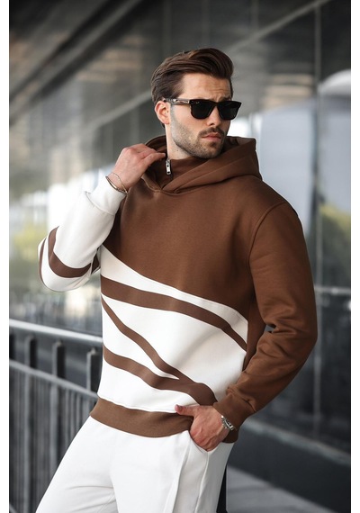 Madmext Kahverengi Kapüşonlu Fermuar Yaka Desenli Erkek Sweatshirt E7162 Kahverengi