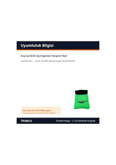 Trobus Araç İçi Akıllı Cep Organizer Neopren Yeşil