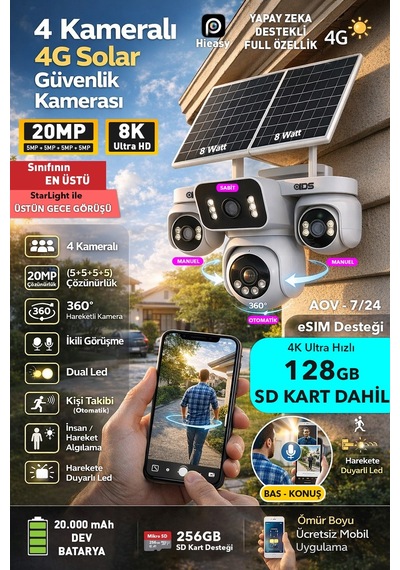 20mp 4 Kamera 360 Görüş 4g Güneş Enerjili Sim Kartlı Güvenlik Kamerası - Kişi Takibi - 128gb Sd Kart
