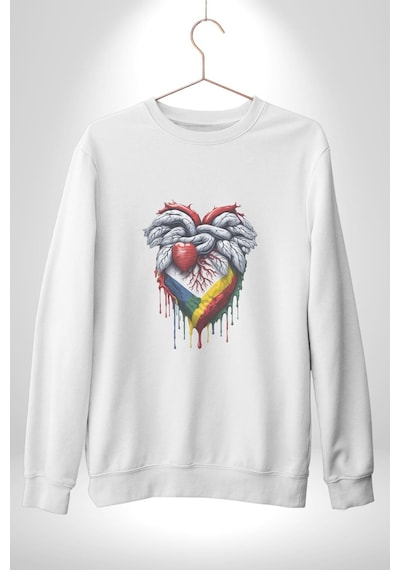 Kalp Damar Renkli Boyalı Unisex Beyaz Baskılı Sweatshirt Beyaz