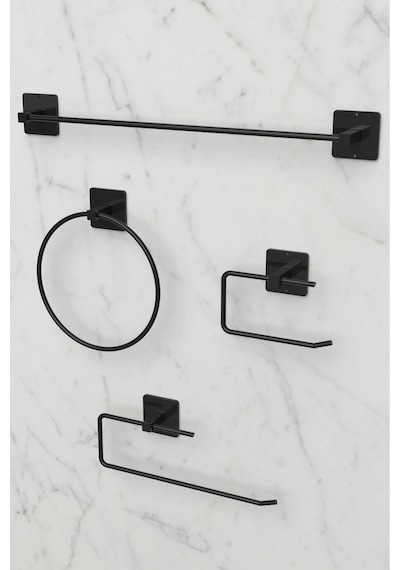 Karteya 9'lu Set Siyah Fön Makinesi Askısı Havluluk Wc/tuvalet Kağıtlık Rulo Havluluk Şampunanlık Banyo Set Siyah