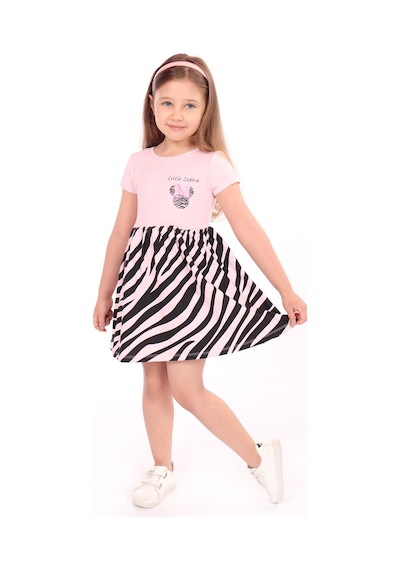 Toontoy Kız Çocuk Little Yazılı Etek Kısmı Zebra Desen Baskılı Elbise Pembe