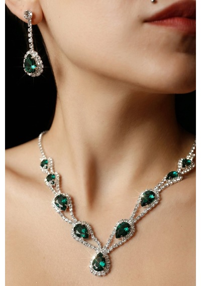 Accessories Hürrem Model Yeşil Taşlı Kolye Küpe Takı Seti Gerdanlık - Gelin Düğün Nişan Abiye Set Gümüş - Yeşil