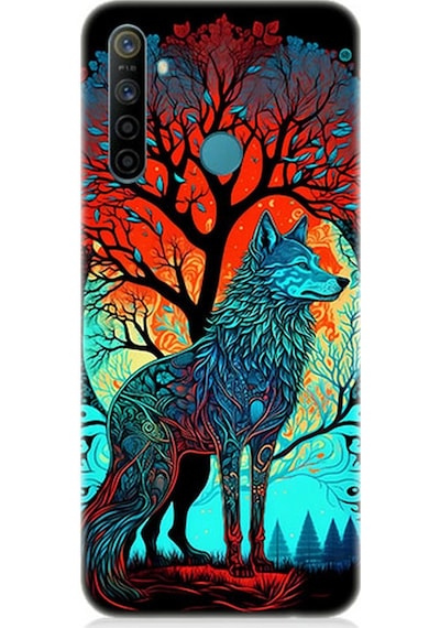 Realme 6i Uyumlu Silikon Kılıf Tribal Vitray Kurt Ve Ağaç