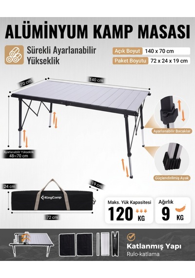 Kingcamp Granıte C14070 140x70 Cm Geniş Katlanır Lux Kamp Masası Gri