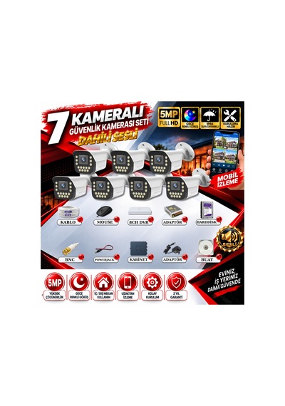 7 Kameralı Sesli Güvenlik Kamerası Seti 5mp Yapay Zeka Gece Renkli Görüş 21 Warm Led Ultra Hd 915ws