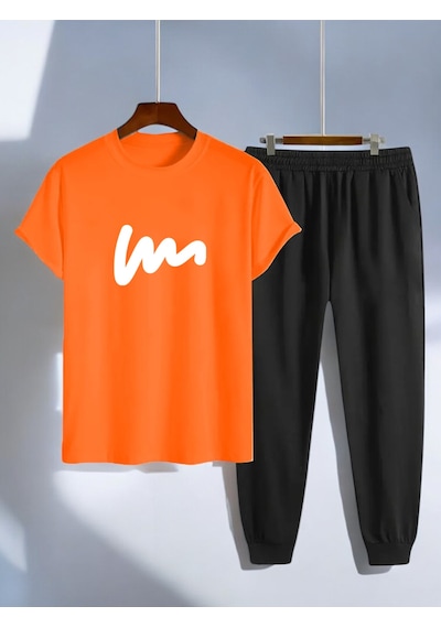 Uyguntarz Unisex W Yazı Tasarım Basklı Tshirt Eşofman Takımı Turuncu