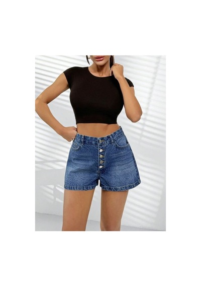 Kene Jeans Patlet Düğmeli Mavi İşlemli Kot Şort Mavi İşlemli