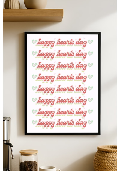 Happy Hearts Day Ahşap Çerçeveli Poster, Dekoratif Pozitif Duvar Tablosu