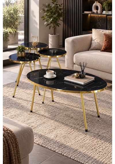Sulorahome Elips Elips Orta Sehpa Ve Zigon Sehpa Seti Altın Metal Ayaklı Siyah - Altın Sulorahome Elips Elips Orta Sehpa Ve Zigon Sehpa Seti Altın Metal Ayaklı Siyah - Altın