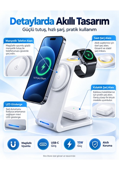 3 Ü 1 Arada Manyetik Kablosuz Şarj Standı 15w Hızlı Şarj, Telefon + Akıllı Saat + Kulaklık