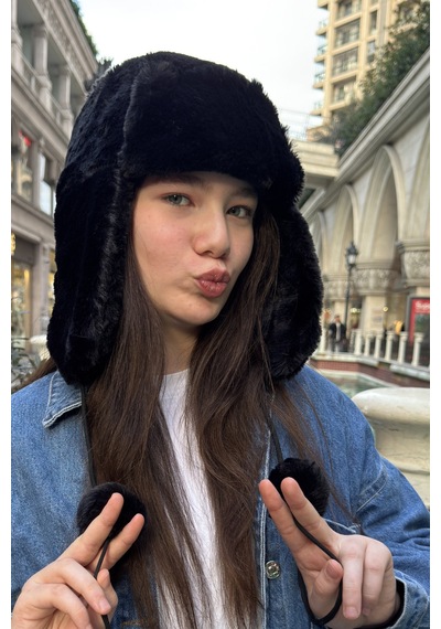 Mollycrush Genç Siyah Peluş Ponponlu Pilot Şapka Uniseks Kışlık Ushanka Tarzı Siyah