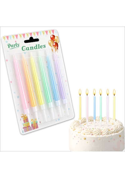 Makaron Renkli Sedef İnce Pasta Mumu 12 Cm - 6 Adet Karışık Renkli