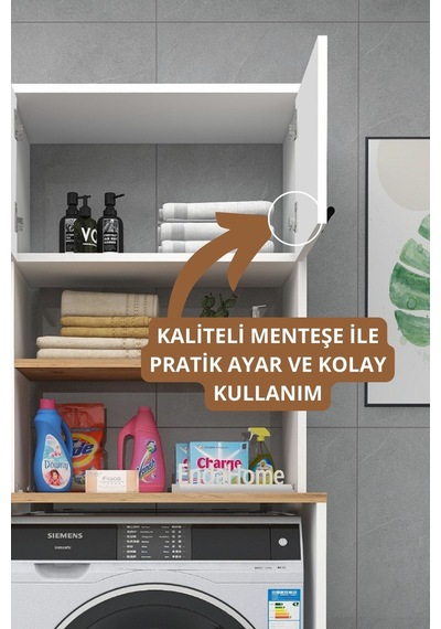 Enda Home Çamaşır Makinesi Dolabı 3 Raflı Kapaklı Banyo Dolabı Beyaz - Atlantik Çam Beyaz - Çam