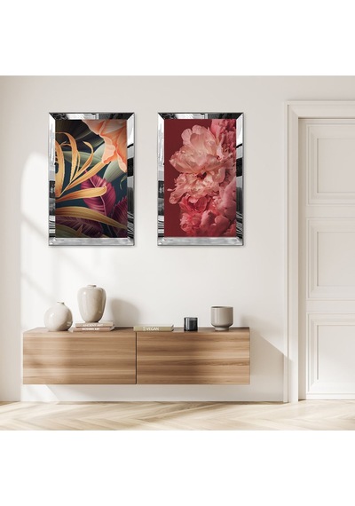 Gümüş Aynalı Pleksi Çerçeveli Renkli Modern Çiçekler İkili Mdf Tablo Seti