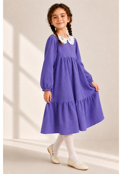 Angel&co. Girls Clothing Brode Yaka Müslin Midi Elbise-mor Lavanta Moru Lavanta Moru