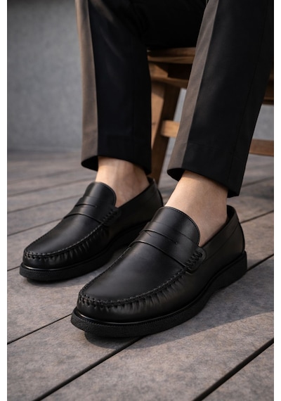 Muggo Gentz Hakiki Deri Rahat Taban Erkek Günlük Klasik Loafer Ayakkabı Siyah