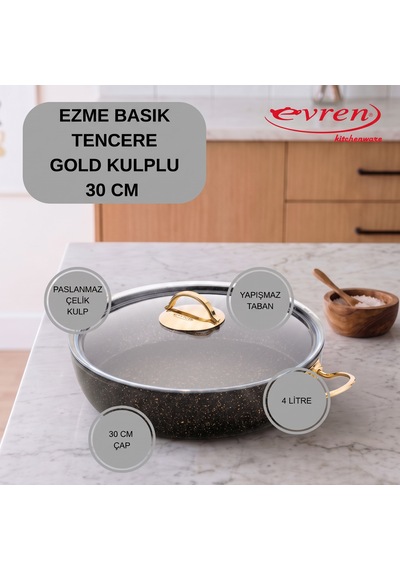 20 Cm Goldstone Ezme Seri Granit Basık Tencere, Non-stick Pilav Karnıyarık Tenceresi 1,7 Lt Çelik Kulp 30 Cm