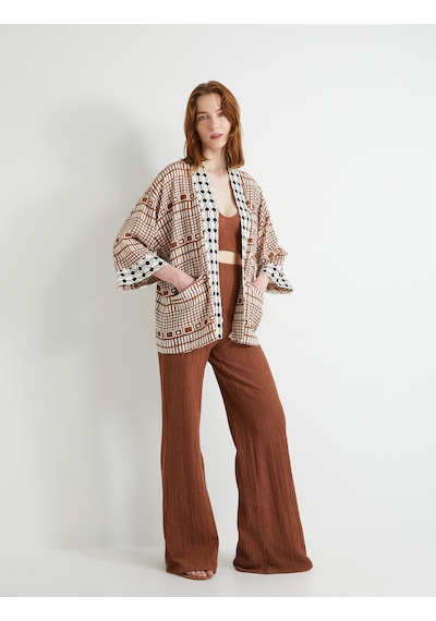 Koton Oversize Kimono Viskon Keten Karışımlı Yarım Kollu Cepli Kahverengi Desenli 4sak50025ew Kahverengi