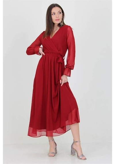 Dip Moda Kadın Kuşaklı Astarlı Uzun Şifon Elbise Dpnb003 Bordo Dip Moda Kadın Kuşaklı Astarlı Uzun Şifon Elbise Dpnb003 Bordo