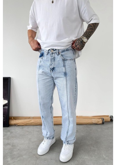 Buz Mavi Ön Tasarım Çımalı Baggy Pantolon