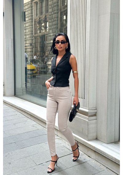 HLT Jeans Kadın Krem Süper Skinny Fit Esnek Likralı Yüksek Bel Denim Jean Kot Pantolon Jennie-2003 Krem