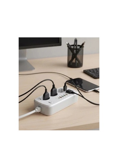 Akım Korumalı Priz Ve Masaüstü Şarj İstasyonu Kablosuz 3 Priz ,4 Usb, 2 Type-c Girişli 2 Metre 0