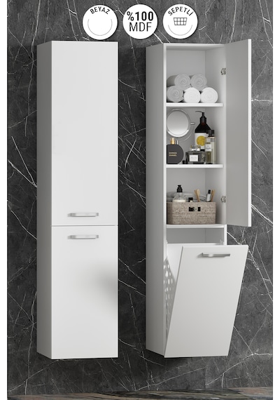 40 167 Cm Beyaz Mdf Asma Sepetli Banyo Boy Dolabı Beyaz
