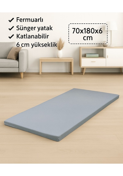 Sünger Yatak 70x180x6 Cm, Yer Yatağı, Balkon Sedir Yer Minderi,şantiye,karavan,deprem Yatağı-gri