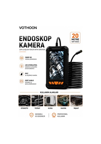 Ayrex 20 Metre Tek Kameralı Endoskop Kamera 1080p Hd Led Aydınlatmalı Sert Kablolu Yeni