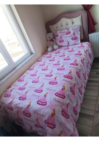 Lionas Tek Kişilik Nevresim Takımı Kız Çocuk Ranforce Pamuklu Prenses Desenli 155x230 Cm Açık Pembe