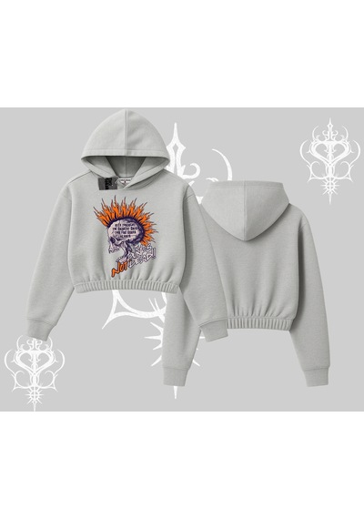 Kapşonlu Crop Sweatshirt Burning Skull Rebel Street Anthem Gri