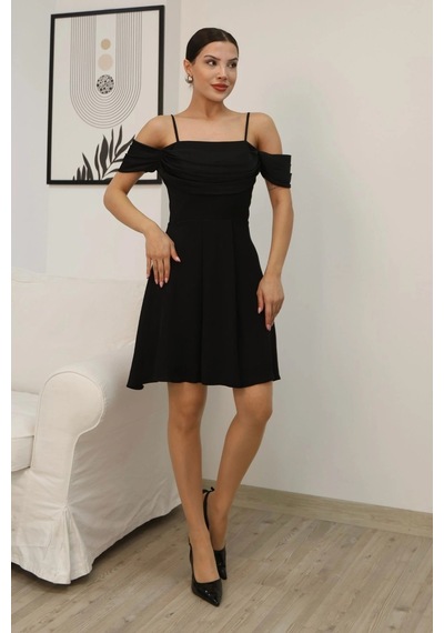 Lodmela Drape Detaylı Askılı Midi Elbise 2380-siyah Siyah