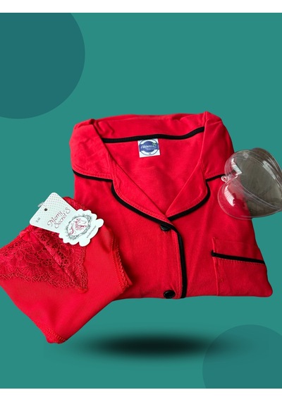Akbeniz Kadın Pijama Takımı  + Yılbaşı Özel Kalp Kutulu Slip 2'li Set 20244-kırmızı Kırmızı