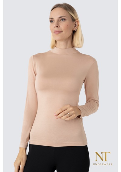 Nt Underwear Kadın Bambu Balıkçı Yaka Uzun Kol Body Hafif, Rahat Ve Şık Bej