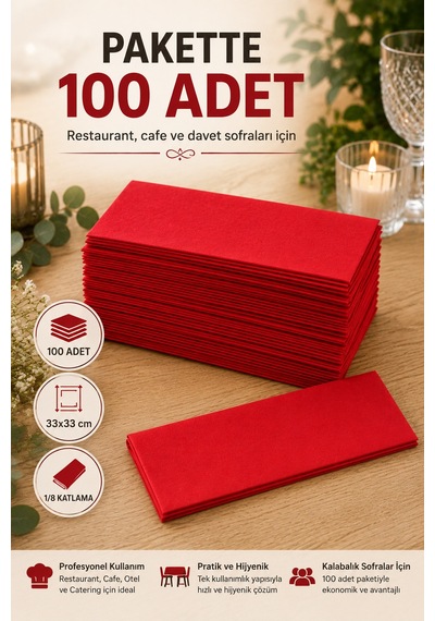 33x33 Cm Kırmızı Garson Katlama Peçete 2 Katlı 100 Adet Restaurant Cafe Otel Davet Masa Servis Kağıt Diğer
